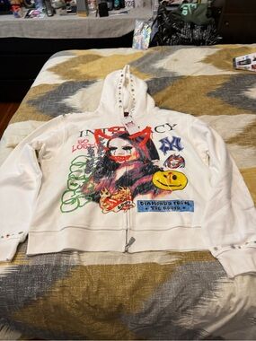 Lost Intricacy White Graphic Zip-Up Hoodie Jacket with Multicolor Print Size 2X